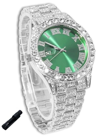 Genkigold Diamantklocka för tonårspojkar - rund urtavla 42 mm romerska siffror i 3 färger - guldpläterad 18K/platina-armband 20 cm - justeringsverktyg ingår, kan kombineras med kubansk kedja