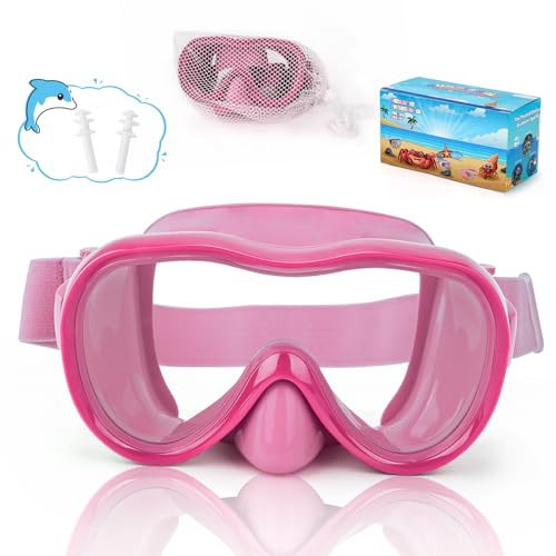 Kids Swim Goggles, Snorkel Mask Diving Mask Swimming Goggles with Nose Cover and Elastic Straps Cover & Mesh Bag & Ear Plugs