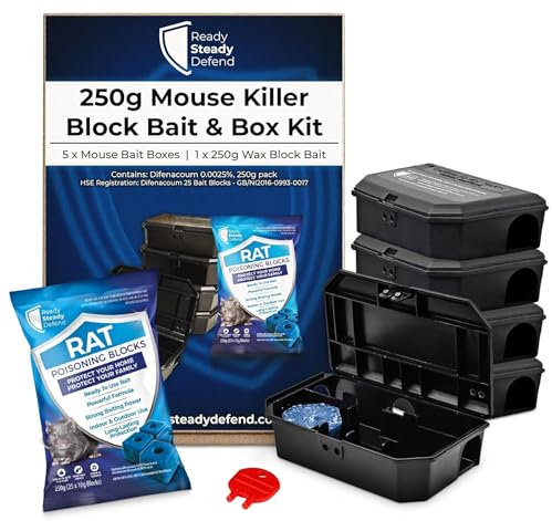 Mouse Killer Block Bait & Box Kit - 5 x Mouse Bait Boxes & 250g (25 x 10g Blocks) Difenacoum Wax Block Bait, Ready to Use, Effective Indoor & Outdoor Control, Long-Lasting Protection