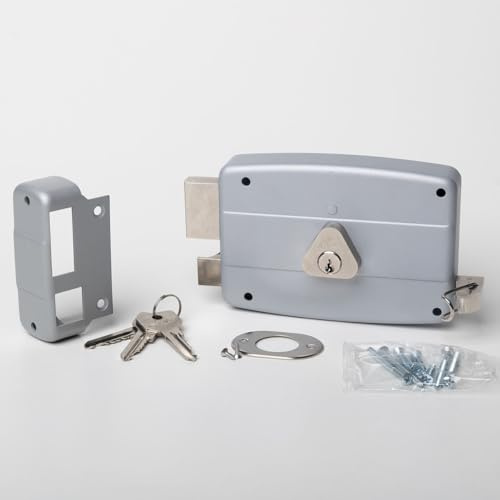 CISA - Cerradura para puertas de hierro para aplicar 15042150295 - Cerradura de acero pintado gris con cilindro y tirador niquelados - Cerradura puerta exterior entrada 50 - Mano izquierda aplicar