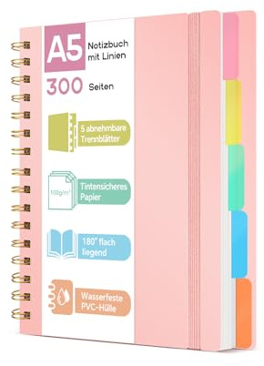ihaspoko Carnet A5 avec Intercalaires- Papier 100GSM Anti-Déversement, 300 Pages, Couverture Rigide PVC, Livre de Projet Spirale pour École, Bureau et Cadeaux