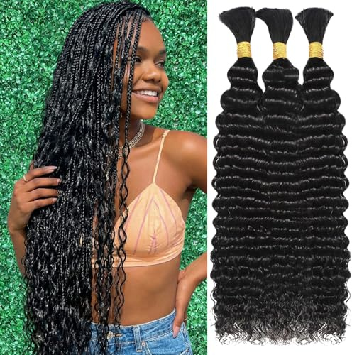 Afihond Human Braiding Hair for Boho Braids 120g Deep Water Wave Bulk Human Hair for Braiding No Weft 12A Wet and Wavy Curly Human Hair Extensions 3 Bundles/Pack Natural Color 18 Inch