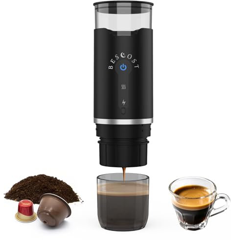 BESCOST Machine à Cafe Portable, Cafetière Portable 3 en 1 Compatible avec les Capsules Espresso et Poudre de Café, 12V Rechargeable Pour Voyage, Camping, Voiture, Maison (Noir)