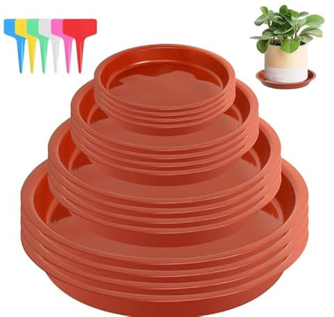 16 Pz Sottovasi per Piante, Sottovaso Rotondo, Piattini per Vasi da Fiori, Sottobicchieri per Vasi di Fiori, Sottovasi Rotondi per Piante da Interno/Esterno, 12/14/18/22 cm, con 24 Etichette
