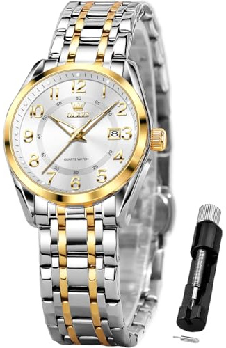 OLEVS Womens Watches Classic Two Tone Business Analog Quartz Watch Ladies Waterproof Stainless Steel White Fashion Watch for Woman with Date