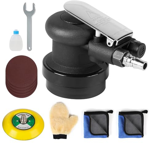 SWAWIS 75mm Lijadora Orbital Neumática, 12000RPM, Excentricidad 5 mm, Accesorios Completos, Lijadora Excéntrica de Aire Comprimido para Lijar y Pulir Superficies de Automóviles Madera y Metal