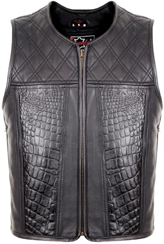 MDM Chaleco de piel para hombre Hunter Club de piel de vaca auténtica, color negro, estampado de cocodrilo delantero, acolchado de rombos en la parte superior, sin bolsillos exteriores
