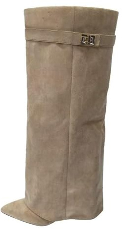 ticticlily Stiefel Damen Fold Over Boots Spitzer Zehenbereich Plateauabsatz Langschaft Knee High Boots Winter Warme Stiefeletten A Aprikose 39 EU