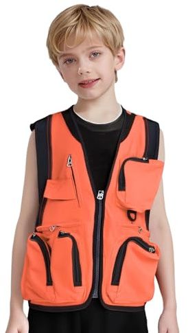 Kaerm Chaleco de pesca para niños y jóvenes, ligero, transpirable, con varios bolsillos, para tiempo libre, camping, caza, pesca, sin mangas, chaqueta de pesca, naranja, 128-152