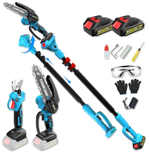 ANEELV sladdlös hög knapp 15 cm mini teleskop-motorsåg – 35 mm elektrisk grensax, 2 x 21 V-batterier, handhållen teleskopmotorsåg för trädskärning och trädgårdsskötsel