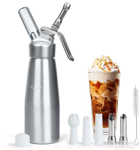 XTKS Whipped Cream Dispenser 500ml, 1 Pint Aluminum Whipped Cream Canister with 6 Decorating Nozzles, Leak-Proof Whipped Cream Maker Cream Whipper for Desserts & Drinks（N2O Charger not Included）