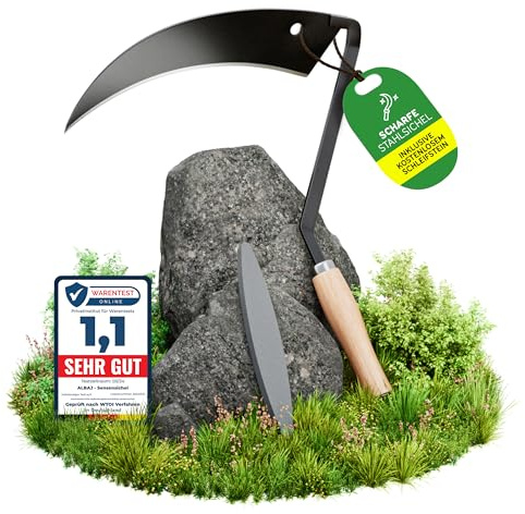 ALBAJ Scythe Scythe with Wooden Handle - Traditional Sharp Sickle - Sustainable Hand Scyther 31 x 33 cm - Includes Free Sharpening Stone - Robust Hand Slicer for Grass