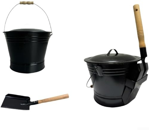 Galvaniserad järn rund askbehållare med lock och spade för hantering av aska kol och bränsle för eldstäder träspisar och grillar