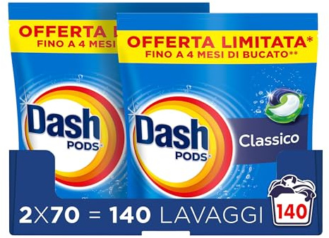 Dash Pods Detersivo In Capsule, 2x70 Lavaggi, Classico, Rimuove Le Macchie, Igienizza, Brillantezza Per I Capi