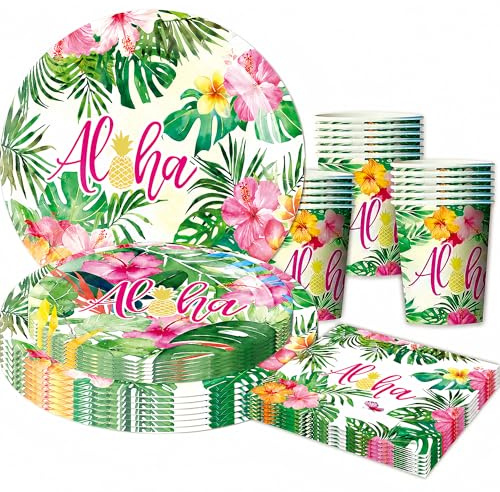 Summer Hawaiian Party Decorations Aloha Hawaiian Party Supplies 50Pcs Tropical Tablewear with Plates Cups Napkins Summer Party Tableware Set for Birthday Beach Pool Garden Party
