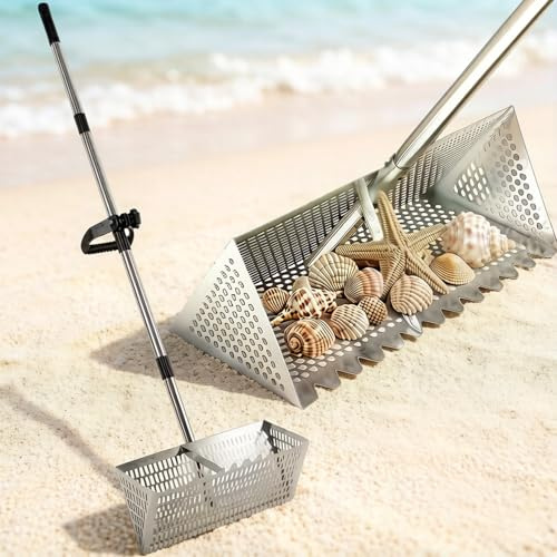 Rastrello per sabbia da spiaggia, paletta e setaccio in acciaio inox, rastrello extra large da 40 cm con denti di squalo e manico rimovibile lungo 140 cm, strumento per la caccia al tesoro in spiaggia