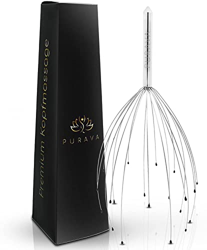 PURAVA (Original) - Premium Head Massager with Metal Handle and Improved Design - Scalp Scratcher Massage with 20 Fingers for Relaxation and Scalp Stimulation - Head Massager Tool Ideal as a Gift