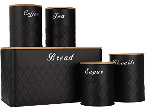 LIVIVO 5pc Kitchen Storage Set with Airtight Bamboo Lids Includes Tea Coffee Sugar with Matching Biscuit Barrel Canister Jar & Stylish Bread Bin – Diamond Embossed Design Matt Finish (Black)