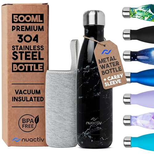 Nuactiv Stainless Steel Water Bottle 500ml, Vacuum Insulated Metal Flask, Leakproof, BPA Free, Reusable Sports Flask, Keeps Drinks Cold 24h & Hot 12h, for Gym, Travel, Work & School