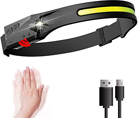 VISVIC Head Torch, USB Rechargeable Headlamp, 5 Modes COB 2 LED Induction Headlights,Waterproof Camping Lights for Adults, Lightweight Head Lamp Flashlight for Running,Fishing,etc.