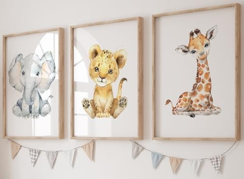Eviepops Prints láminas infantiles – set de 3 cuadros habitación bebé, pósters sin marco de animales safari (jirafa, elefante, león) A3