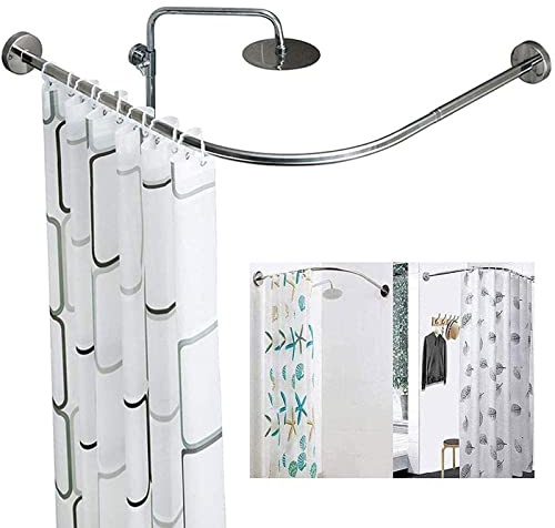 TTFFWW Regolabile Asta Tenda Doccia Angolare,Acciaio Inox Palo Telescopico Barra di Tensione,Bastone Tenda Doccia a Pressione Curvo,Senza Forare,per Bagno,Vasca da Bagno,Silver,70-95 * 70-95cm