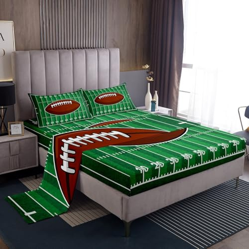 Feelyou Kids American Football Bed Sheet Set Rugby Ball Pattern Sheets Set Queen Size Green Sport Arena Sheets with Deep Pocket Fitted Sheet for Boys Room Sports Theme Decor Lightweight Bed Set