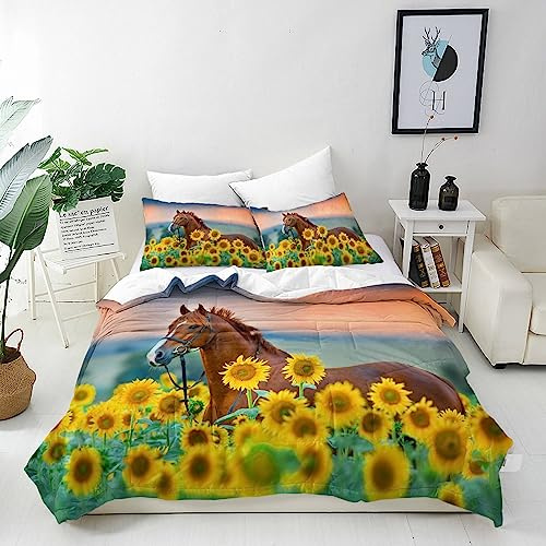 ANHOPE Horse Duvet Cover Set Single 135x200cm 2 Pillowcases | Rustic Yellow Sunflower Print, Soft Microfibre Fabric, All Season Quilt Cover Set with Zipper Closure, for Home and Hotels