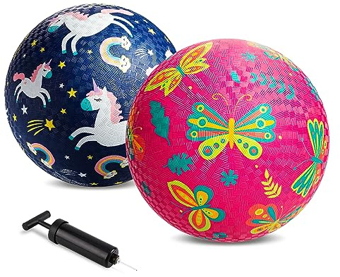 ZOOJOY Pack of 2 Cartoon Playground Balls, Balls for Toddler 3-12, 8.5 Rubber Ball Bouncy Kickball, Indoor & Outdoor Game Toys for Boys Girls with Pump