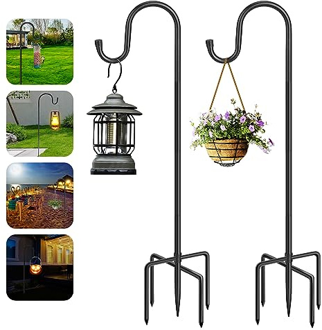 Ceboic Shepherds Crook krokar, 2-pack 96 cm justerbar höjd herdekrokar med 5 spetsbas, slitstark metall trädgårdsgräns krok för lyktor fågelmatare murare burkar ljus bröllop växtkorgar