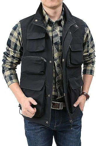 Sukany Gilet da uomo casual leggero Utility Vest Outdoor Pesca Safari Gilet Cargo Tiro Viaggio Gilet con Tasche, Nero , M