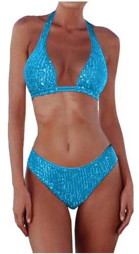Costume Bikini Triangolo Multicolor con Paillettes Costume da Bagno Bikini A Triangolo Multicolore con Paillettes da Donna Bikini Donna Mare Fascia Brasiliano Sexy (Blue, L)