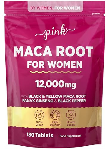 Maca Root Capsules for Women 12,000mg | Peruvian Maca Supplement | High Strength Black & Yellow Maca Root with Panax Ginseng and Black Pepper | Botanical Supplement to Support Women's Health | by PINK