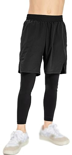 Blaward Youth Boy’s Compression Pants with Shorts 2 in 1 Running Sports Active Fitness School PE Pants Basketball Legging Tights for Kids