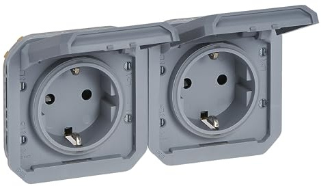 LEGRAND, Plexo New 069576L Prise pour pièces humides 2 prises Schuko standard avec couvercle à charnière, protection anti-contact, pré-câblée, horizon