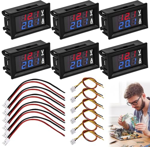 Lote de 6 voltímetro digital LED de 0,28 pulgadas – Amperímetro: DC 0-100 V 10 A – Multímetro rojo y azul – Pantalla doble a color – Voltímetro – Módulo – Probador de panel