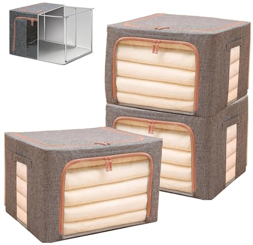 Sightday 24L Aufbewahrung Kleidung, Stapelbare Kleideraufbewahrung Mit Metallrahmen, Faltbare Kleideraufbewahrung Mit Transparentem Fenster Und Tragegriff für Decken, Bettwäsche (3 Stück)