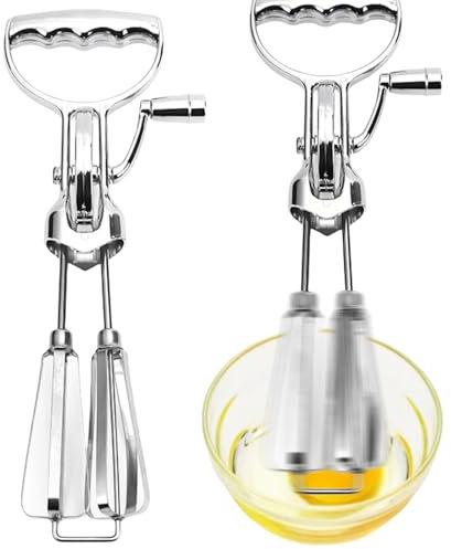 Handmixer Ohne Strom, Handrührgerät aus Edelstahl, Handkurbel-Ei-Schläger, Doppelkopf Handmixer mit Kurbel, Rührgerät Halbautomatischer Schneebesen für Eischnee, tragbares Küchen-Kochwerkzeug