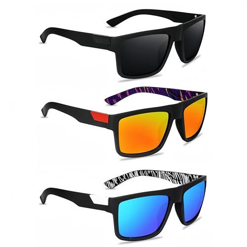 SDXCJY 3PCS Polarised Sunglasses for Men & Women, UV400 Protection, Retro Lightweight Frame, Ideal for Driving, Cycling & Fishing (Black,Blue,Orange)
