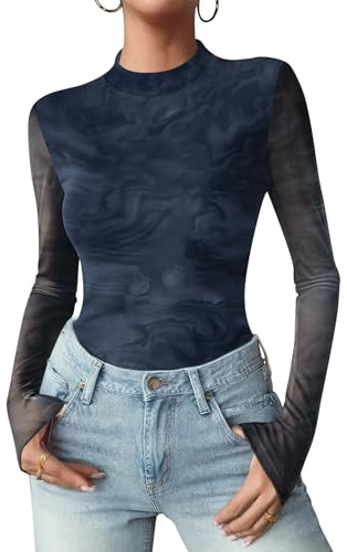 Zeagoo Women Tops Long Sleeeve Mesh Sheer Shirt See Through Tee Mock Neck Tie Dye Print Trendy Blouse XXL