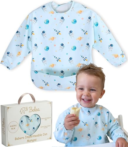 BELEA Babero con Mangas Impermeable Bebe BLW con Bolsillo Recogemigas Alimentacion Complementaria Babete Impermeável Bebe Libre BPA Ajustable 6 a 36 Meses 3 Años Regalo Original Cumpleaños Baby Shower