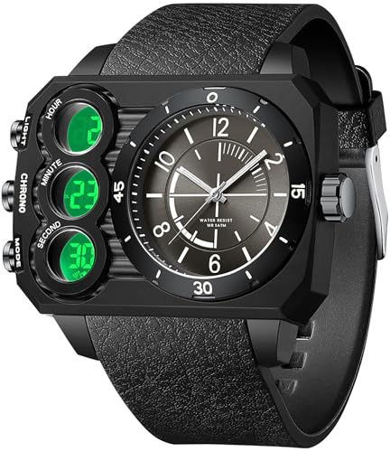 findtime Orologio da uomo con quadrante grande quadrato e quadrante grande, orologi da uomo con tre fusi orari, conto alla rovescia allarme, cronometro a LED, unico orologio da polso fresco, nero