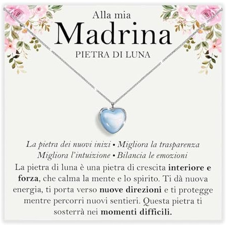 Bramart Collana Madrina Pietra di Luna Regali per lei Idea Regalo per Natale Compleanno Collane madrine Argento Oro – Cofanetto DEDICA incluso (Collana pietra luna madrina)