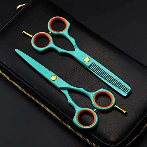 Juego de tijeras de barbero y tijeras de entresacar de acero japonés 440C de 5,5 pulgadas, diseño ergonómico verde claro for un peinado preciso.(Set With Bag)