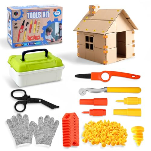 VIHBRAI Kit d'outils en carton 148 pièces, jouets de construction DIY avec outils pour carton, jouets éducatifs STEM pour familles, kit de bricolage créatif avec boîte de rangement, idéal pour les
