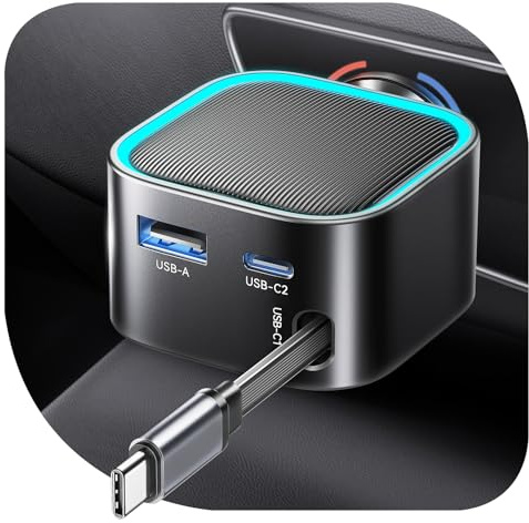 Retractable Car Charger USB-C,Rocoren 57W Type C Fast Car Charging [Ultra-Compact Mini] with Cord Cigarette Lighter Adapter Car Accessories for iPhone 17 16 15 Samsung S25 Ultra Pixel Android