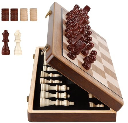 Hvygss 15 Inch Magnetic Chess Board, Foldable Wooden Chess Set with Checkers, Handcrafted Pieces with 2 Extra Queens, Portable Travel Board Game for Kids 6+ (Walnut Style, 15 Inch)