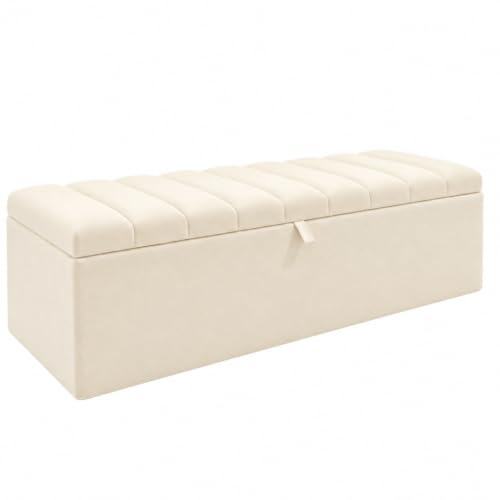 BEDELUNA Ottoman Storage Box - Line Style Upholstered Rectangular Ottoman Storage - 45x101x33cm End of Bed Bench, Foot Rest Stool, Easy Assembly, Ideal for Living Room, Bedroom, Entryway (Cream)