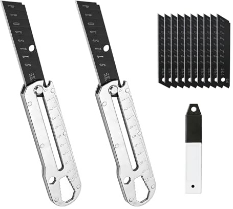 2 Pezzi Taglierino Professionale, Coltello Multiuso Retrattile in Acciaio Inox con 10 Lame Sostituibili, Taglierina di Precisione per Ufficio, Casa, Bricolage, Tappeti, Carta, Plastica e Pelle