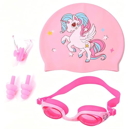 WFKKMEQ Unicornio Gorros de Natación para Niños, Unicornio Sombrero de Natación con Gafas de Natacións Tapones Oidos Pinza Nariz Silicona Gorro Piscina Elástico Gorros de Bañ para Niños Niña(Rosa)